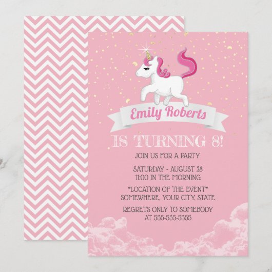 Unicorn Pink Girl Birthday Party Kaart (Voorkant / Achterkant)