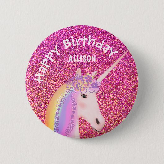Unicorn Pink Glitter Girls Birthday Specialized Ronde Button 5,7 Cm (Voorkant)