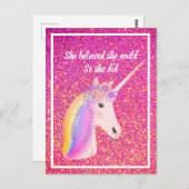Unicorn Pink Glitter Inspirerend Ze gelooft Briefkaart (Voorkant / Achterkant)