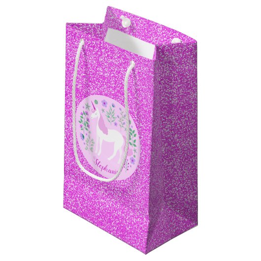 Unicorn Pink Glitter Persoonlijke naam Klein Cadeauzakje (Voorkant Gekanteld)