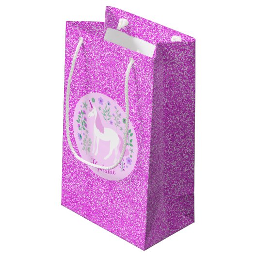 Unicorn Pink Glitter Persoonlijke naam Klein Cadeauzakje (Achterkant Gekanteld)