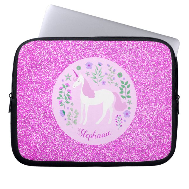 Unicorn Pink Glitter Persoonlijke naam Laptop Sleeve (Voorkant)