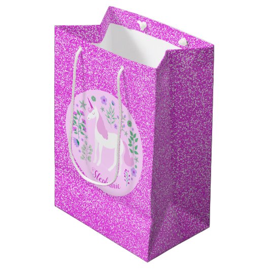 Unicorn Pink Glitter Persoonlijke naam Medium Cadeauzakje (Voorkant Gekanteld)