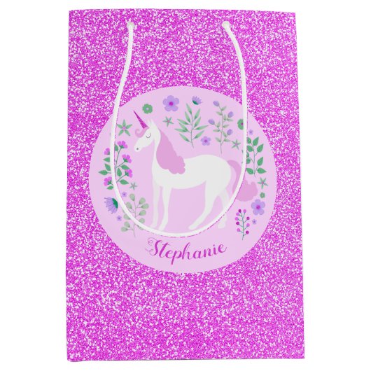 Unicorn Pink Glitter Persoonlijke naam Medium Cadeauzakje (Voorkant)