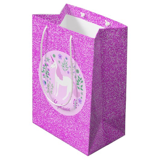 Unicorn Pink Glitter Persoonlijke naam Medium Cadeauzakje (Achterkant Gekanteld)
