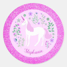 Unicorn Pink Glitter Persoonlijke naam Ronde Sticker