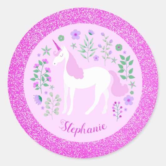 Unicorn Pink Glitter Persoonlijke naam Ronde Sticker (Voorkant)