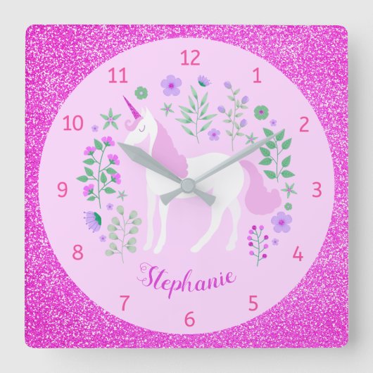 Unicorn Pink Glitter Persoonlijke naam Vierkante Klok (Voorkant)