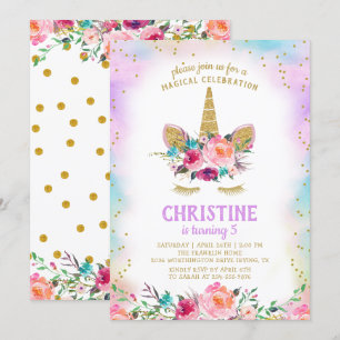 Unicorn Pink Gold Beauful Floral Birthday Party Kaart