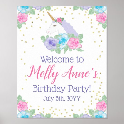 Unicorn Pink & Gold Birthday Party Welkom Poster (Voorkant)