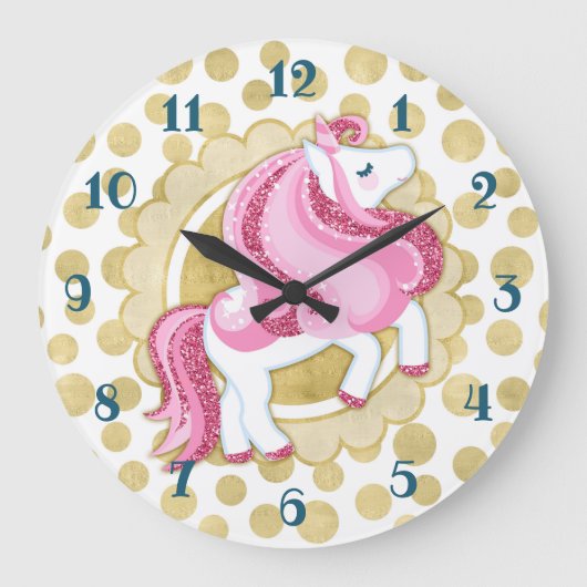 Unicorn Pink Gold Cute Fantasy Grote Klok (Voorkant)
