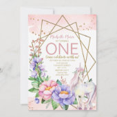 Unicorn Pink Gold Floral First Birthday Kaart (Voorkant)