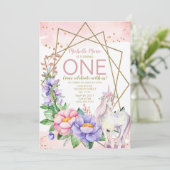 Unicorn Pink Gold Floral First Birthday Kaart (Staand voorkant)