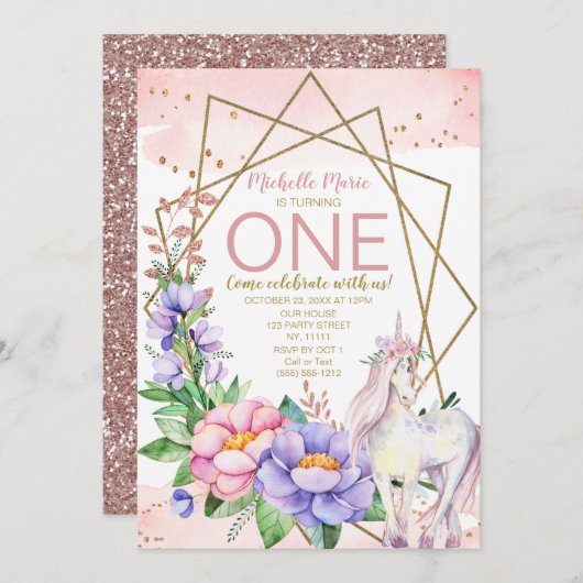 Unicorn Pink Gold Floral First Birthday Kaart (Voorkant / Achterkant)