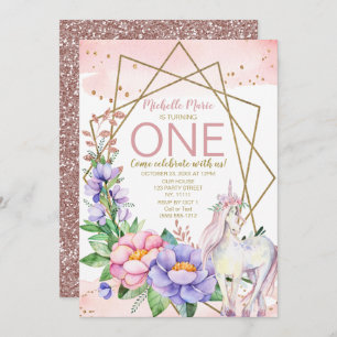 Unicorn Pink Gold Floral First Birthday Kaart