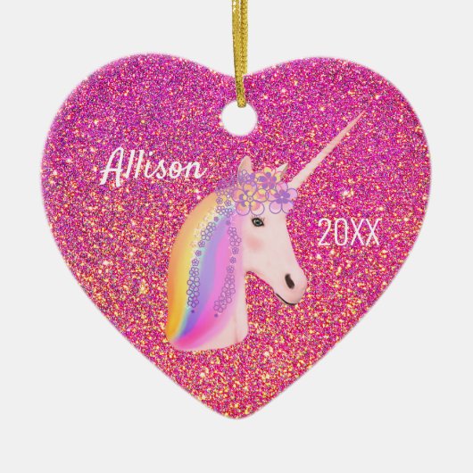 Unicorn Pink Gold Glitter Sparkles Heart Custom Keramisch Ornament (Voorkant)