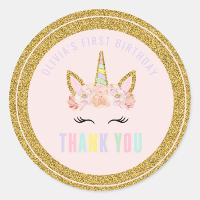 Unicorn Pink & Gold Party Favor Label Sticker Seal (Voorkant)