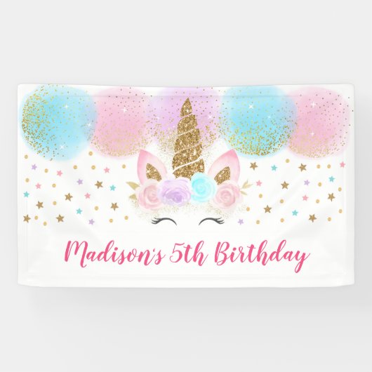 Unicorn Pink Gold Rainbow Girl Birthday Spandoek (Horizontaal)