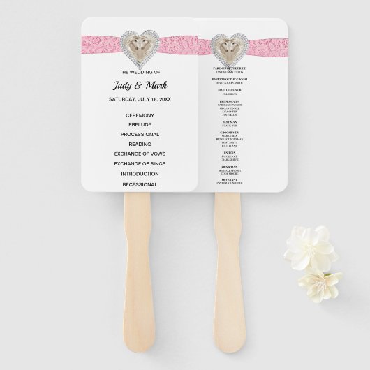 Unicorn Pink Lace Wedding Program Fans Handwaaier (Voorkant en achterkant)