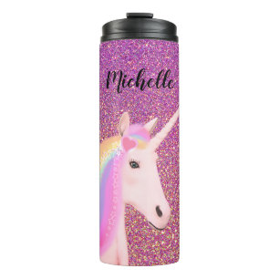 Unicorn Pink Ombre Glitter Gepersonaliseerd Thermosbeker