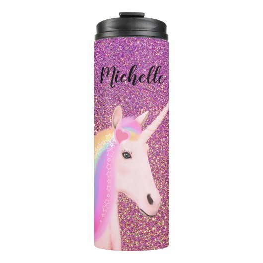 Unicorn Pink Ombre Glitter Gepersonaliseerd Thermosbeker (Voorkant)