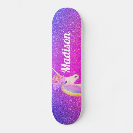 Unicorn Pink Paars Glitter Sparkles Gepersonalisee Persoonlijk Skateboard (Voorkant)