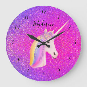Unicorn Pink Paarse Glitter Girls gepersonaliseerd Grote Klok