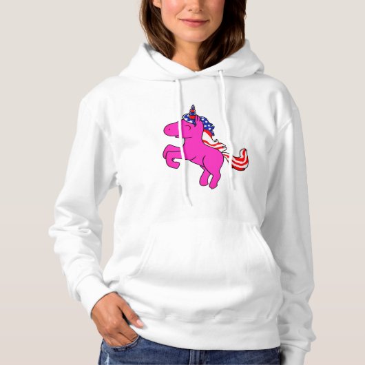 Unicorn Pink Patriotic USA Flag Mane Fantasy Art Hoodie (Voorkant)