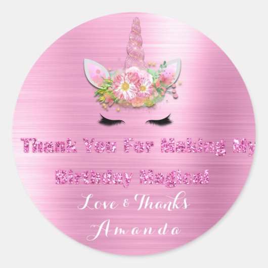 Unicorn Pink Rose Party Favor Label Dank u wel (Voorkant)