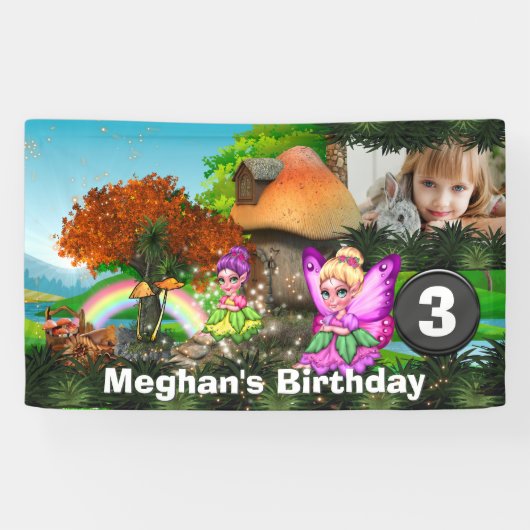 Unicorn pixie regenboogfantasie bosland foto spandoek (Horizontaal)