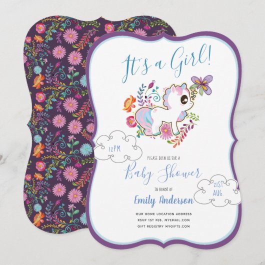 Unicorn Playground - Girl Baby Shower-uitnodiginge Kaart (Voorkant / Achterkant)