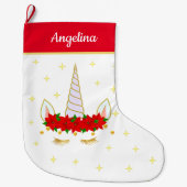 Unicorn, Poinsettia Flowers & Stars on Red & White Grote Kerstsok (Voorkant)