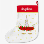 Unicorn, Poinsettia Flowers & Stars on Red & White Grote Kerstsok (Achterkant)