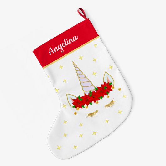 Unicorn, Poinsettia Flowers & Stars on Red & White Grote Kerstsok (Achterkant (Hangend))