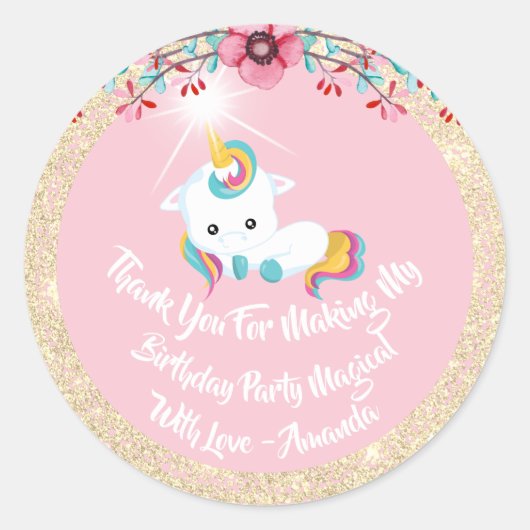 Unicorn Pony Bedankt Favor Glitter Gold Sparkly Ronde Sticker (Voorkant)