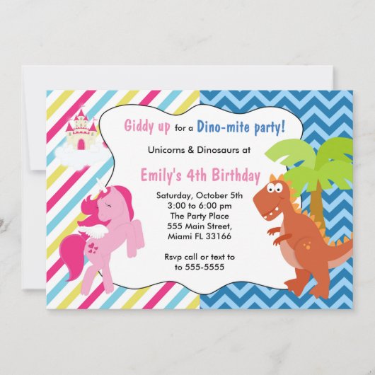 Unicorn Pony Dinosaur Invitation Birthday Party Kaart (Voorkant)