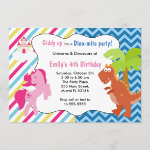 Unicorn Pony Dinosaur Invitation Birthday Party Kaart