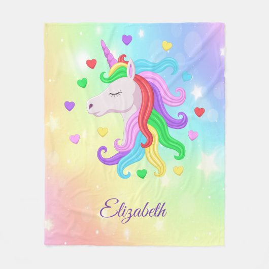 Unicorn Pony Rainbow Stars pasteel Girly Fleece Deken (Voorkant)