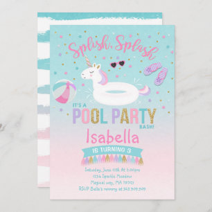 Unicorn Pool Birthday Invitation Pink Gold Kaart