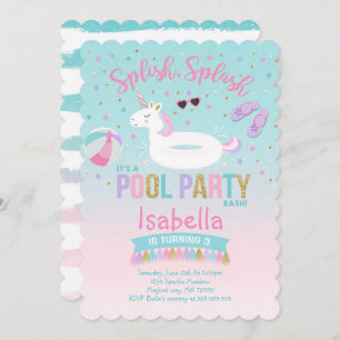 Unicorn Pool Birthday Invitation Pink Gold Kaart