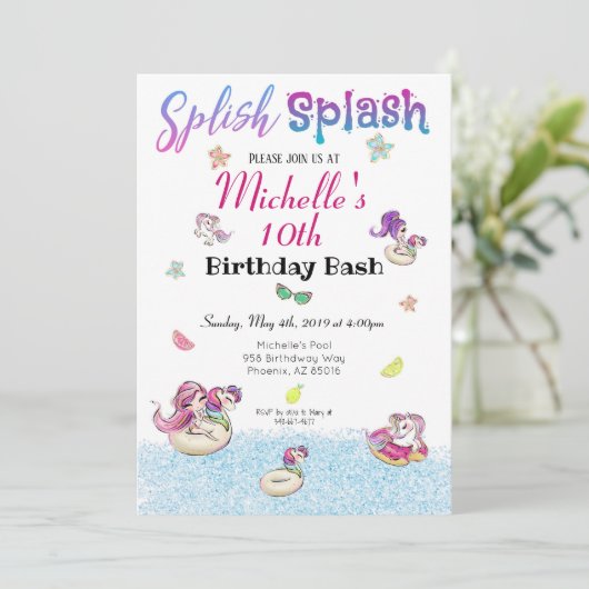 Unicorn Pool Glitter Girl Summer Birthday Kaart (Staand voorkant)