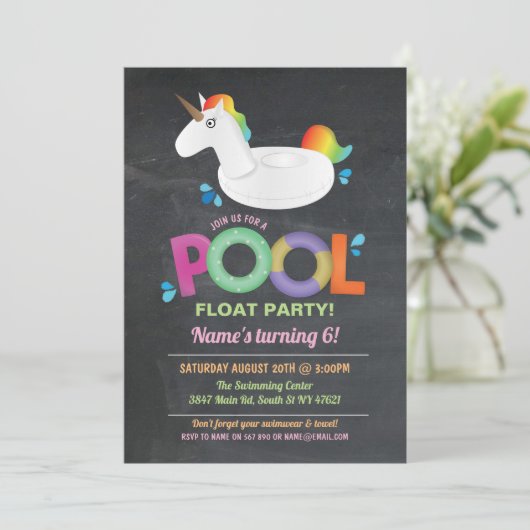 Unicorn Pool Party Birthday Beach Float Invites Kaart (Staand voorkant)