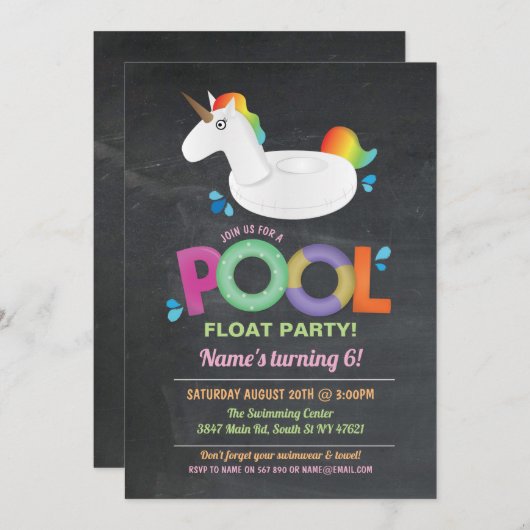 Unicorn Pool Party Birthday Beach Float Invites Kaart (Voorkant / Achterkant)