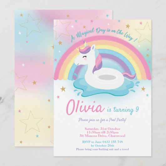 Unicorn Pool Party Birthday Invitation Girls Kaart (Voorkant / Achterkant)