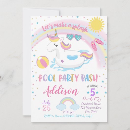 Unicorn Pool Party Birthday Invitation Kaart (Voorkant)