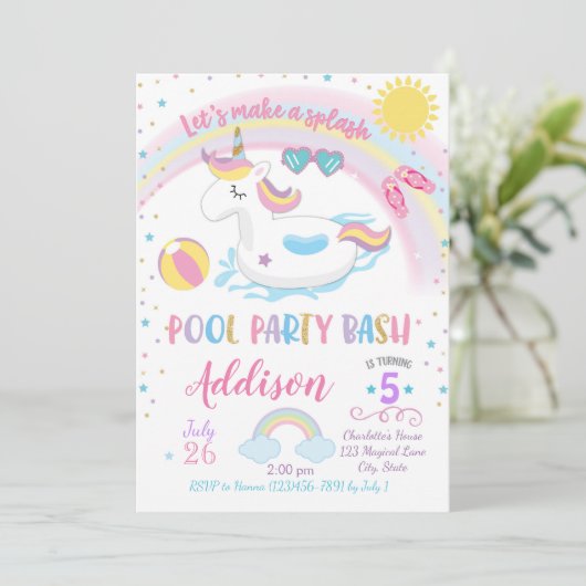 Unicorn Pool Party Birthday Invitation Kaart (Staand voorkant)