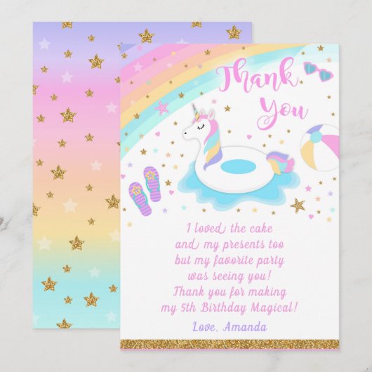 Unicorn Pool Party - Hartelijk dank Kaart (Voorkant / Achterkant)