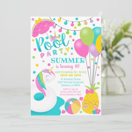 Unicorn Pool Party Invitation Girl Pool Birthday Kaart (Staand voorkant)
