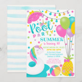 Unicorn Pool Party Invitation Girl Pool Birthday Kaart (Voorkant / Achterkant)