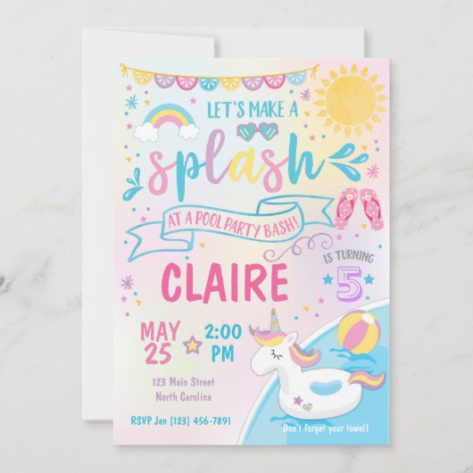 Unicorn Pool Party Invitation, Pool Bash Birthday Kaart (Voorkant)
